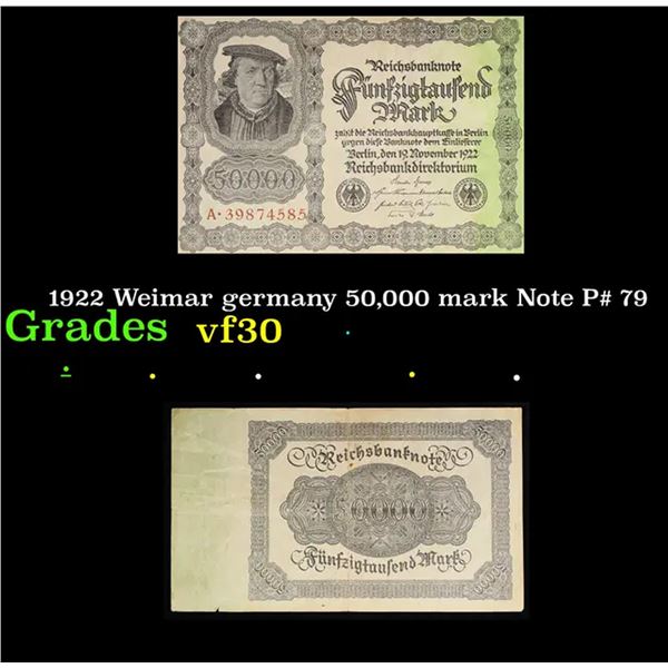 1922 Weimar germany 50,000 mark Note P# 79 Grades vf++