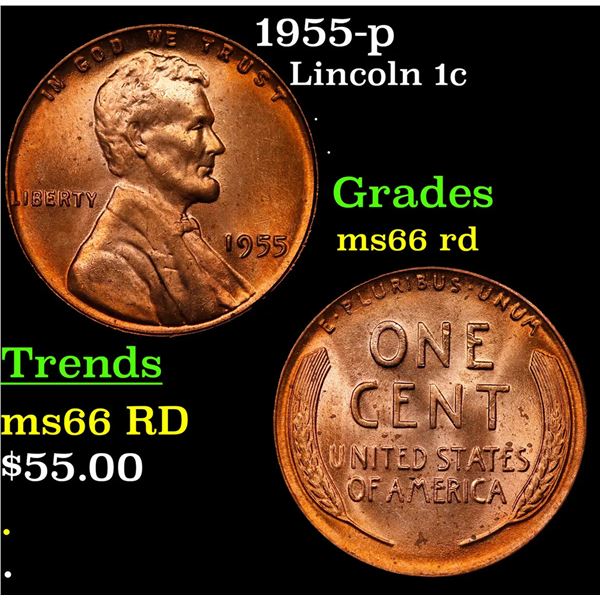 1955-p Lincoln Cent 1c Grades GEM+ Unc RD
