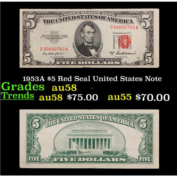 1953A $5 Red Seal United States Note Grades Choice AU/BU Slider