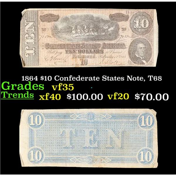 1864 $10 Confederate States Note, T68 Grades vf++
