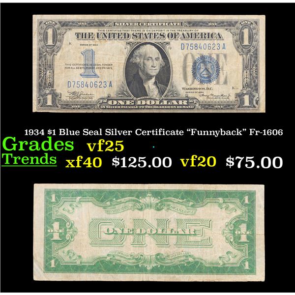1934 $1 Blue Seal Silver Certificate "Funnyback" Fr-1606 Grades vf+