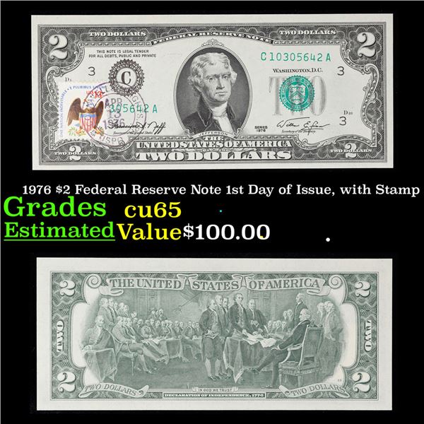 1976 $2 Federal Reserve Note 1st Day of Issue, with Stamp Grades Gem CU