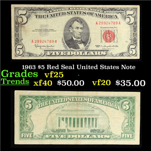 1963 $5 Red Seal United States Note Grades vf+