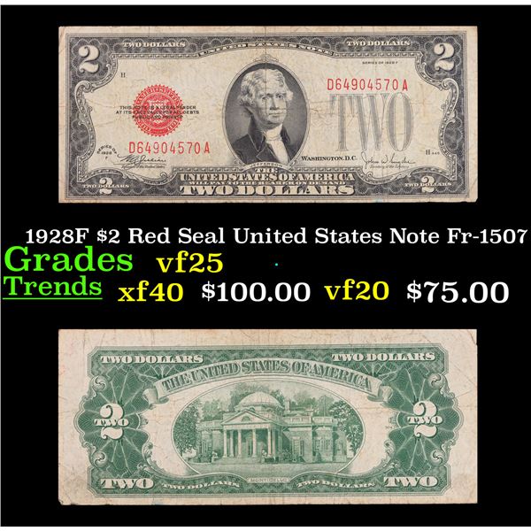 1928F $2 Red Seal United States Note Fr-1507 Grades vf+