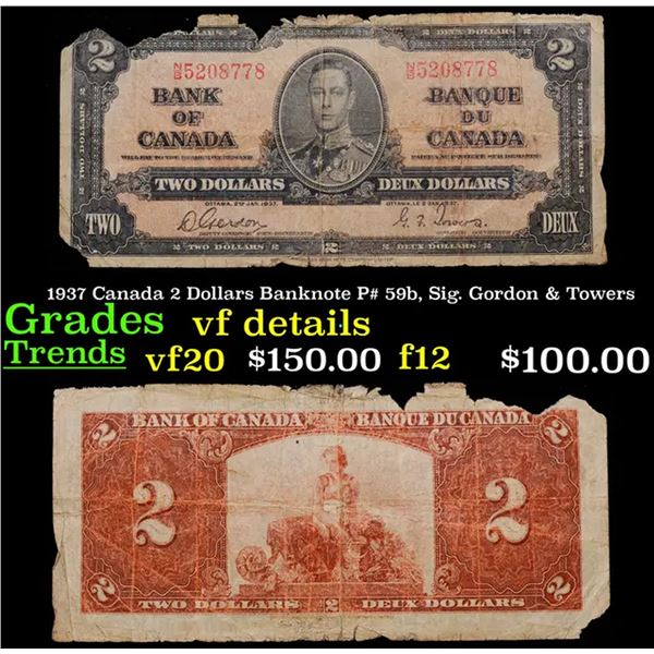 1937 Canada 2 Dollars Banknote P# 59b, Sig. Gordon & Towers Grades vf details
