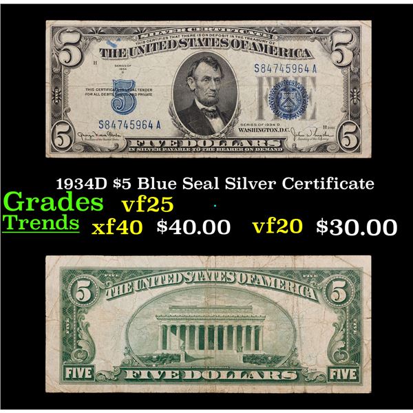 1934D $5 Blue Seal Silver Certificate Grades vf+