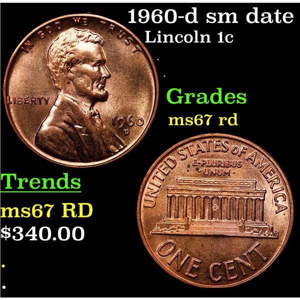 1960-d sm date Lincoln Cent 1c Grades GEM++ Unc RD