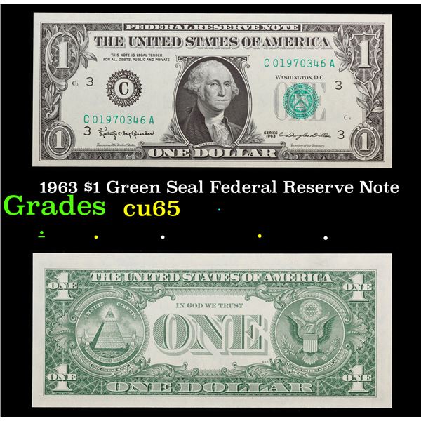 1963 $1 Green Seal Federal Reserve Note Grades Gem CU