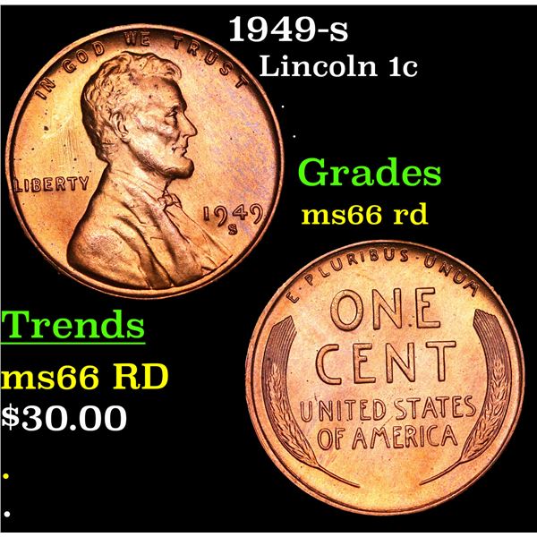 1949-s Lincoln Cent 1c Grades GEM+ Unc RD