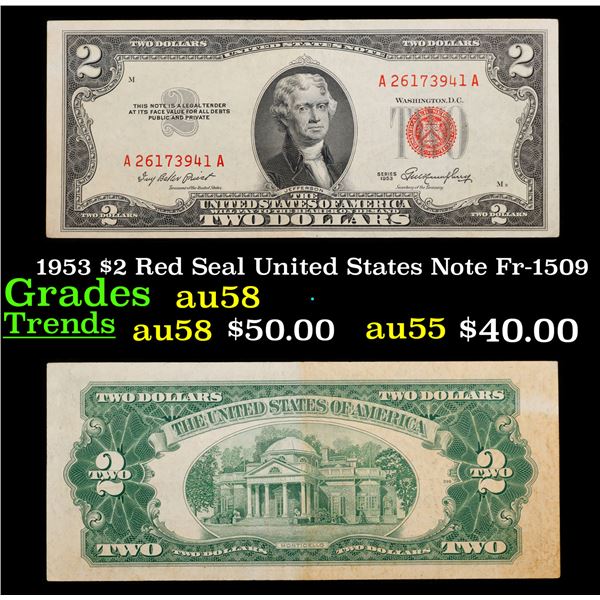 1953 $2 Red Seal United States Note Fr-1509 Grades Choice AU/BU Slider