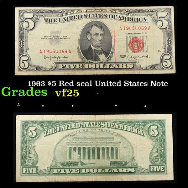 1963 $5 Red seal United States Note Grades vf+