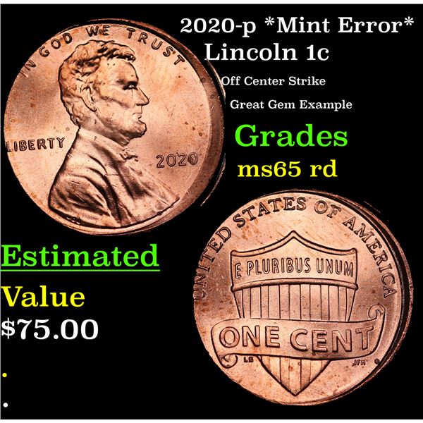 2020-p *Mint Error* Lincoln Cent 1c Grades GEM Unc RD