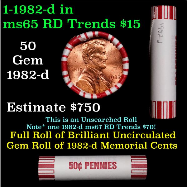 Shotgun Lincoln 1c roll, 1982-d 50 pcs Brandt 50c Wrapper.