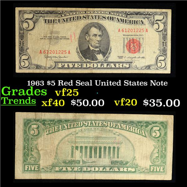 1963 $5 Red Seal United States Note Grades vf+