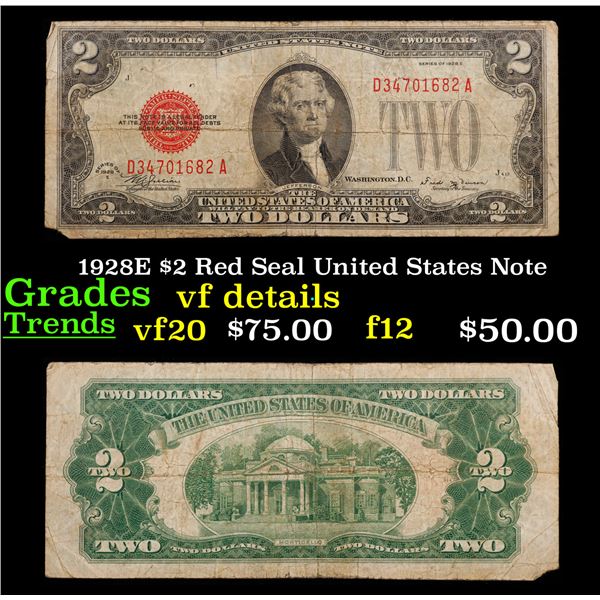 1928E $2 Red Seal United States Note Grades vf details