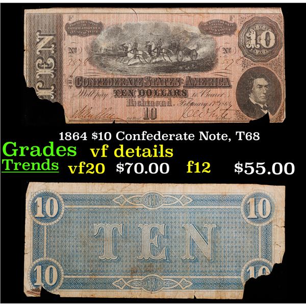 1864 $10 Confederate Note, T68 Grades vf details