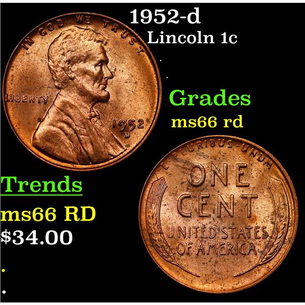 1952-d Lincoln Cent 1c Grades GEM+ Unc RD