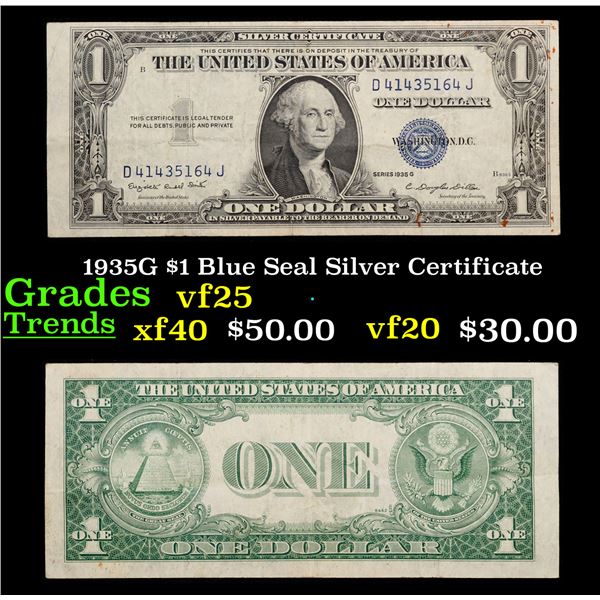 1935G $1 Blue Seal Silver Certificate Grades vf+