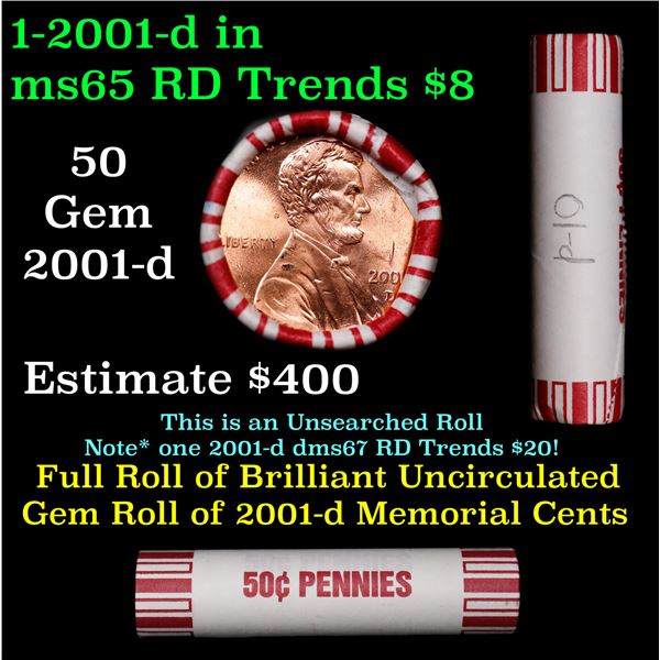 Shotgun Lincoln 1c roll, 2001-d 50 pcs Brandt 50c Wrapper.