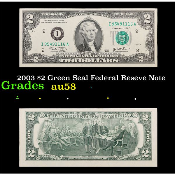 2003 $2 Green Seal Federal Reseve Note Grades Choice AU/BU Slider