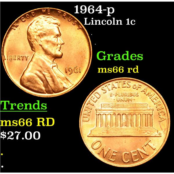 1964-p Lincoln Cent 1c Grades GEM+ Unc RD