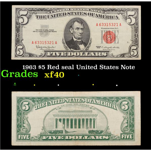 1963 $5 Red seal United States Note Grades xf
