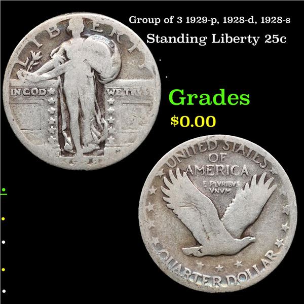 Group of 3 1929-p, 1928-d, 1928-s Standing Liberty Quarter 25c