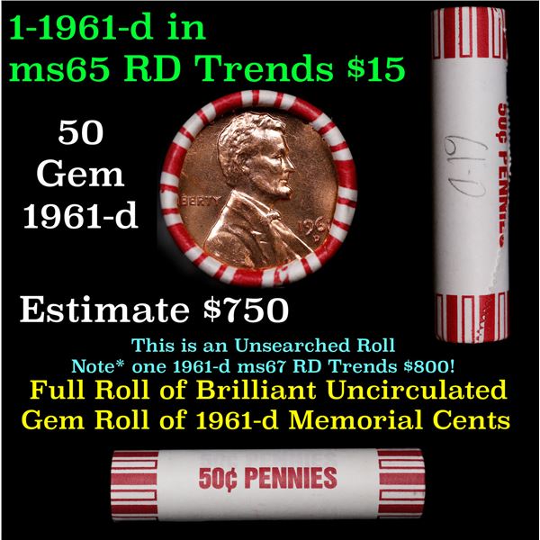 Shotgun Lincoln 1c roll, 1961-d 50 pcs Brandt 50c Wrapper.