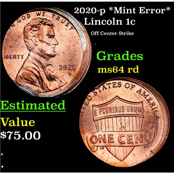 2020-p *Mint Error* Lincoln Cent 1c Grades Choice Unc RD