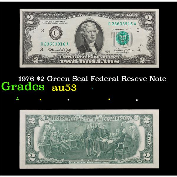 1976 $2 Green Seal Federal Reseve Note  Grades Select AU