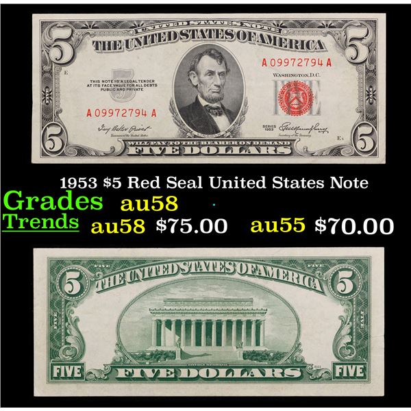 1953 $5 Red Seal United States Note Grades Choice AU/BU Slider