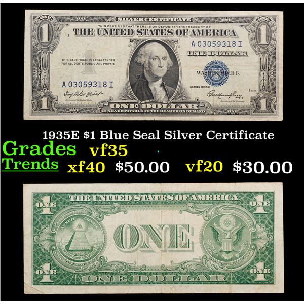 1935E $1 Blue Seal Silver Certificate Grades vf++