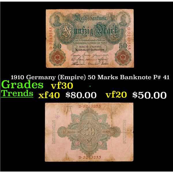 1910 Germany (Empire) 50 Marks Banknote P# 41 Grades vf++