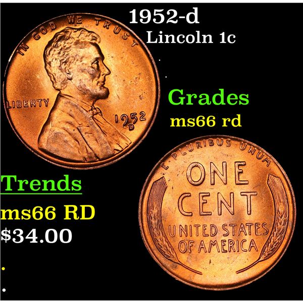 1952-d Lincoln Cent 1c Grades GEM+ Unc RD