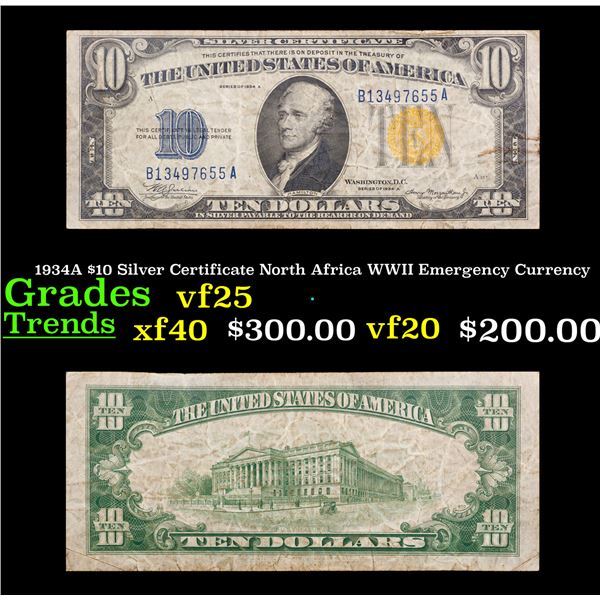 1934A $10 Silver Certificate North Africa WWII Emergency Currency Grades vf+