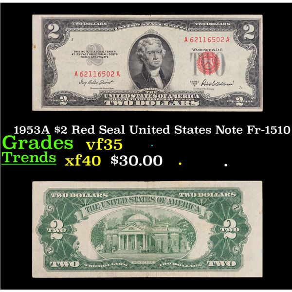 1953A $2 Red Seal United States Note Fr-1510 Grades vf++