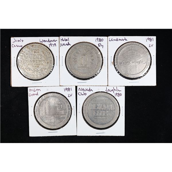 Lot of 5x Various Vintage 1 Dollar Gaming Tokens Grades