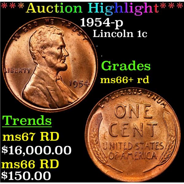 ***Auction Highlight*** 1954-p Lincoln Cent 1c Graded GEM++ RD By USCG (fc)