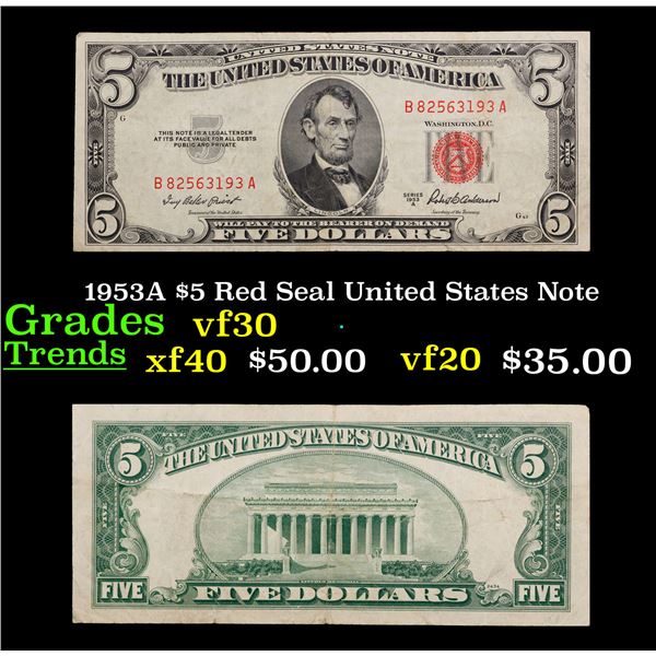 1953A $5 Red Seal United States Note Grades vf++