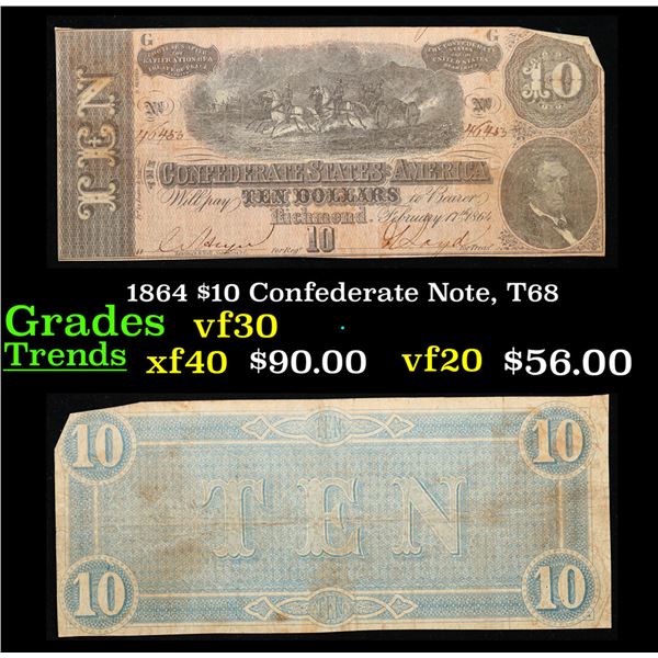 1864 $10 Confederate Note, T68 Grades vf++