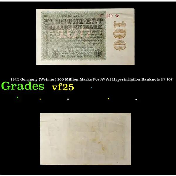 1922 Germany (Weimar) 100 Million Marks Post-WWI Hyperinflation Banknote P# 107 Grades vf+