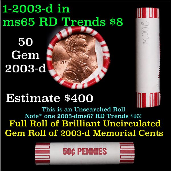 Shotgun Lincoln 1c roll, 2003-d 50 pcs Brandt 50c Wrapper.