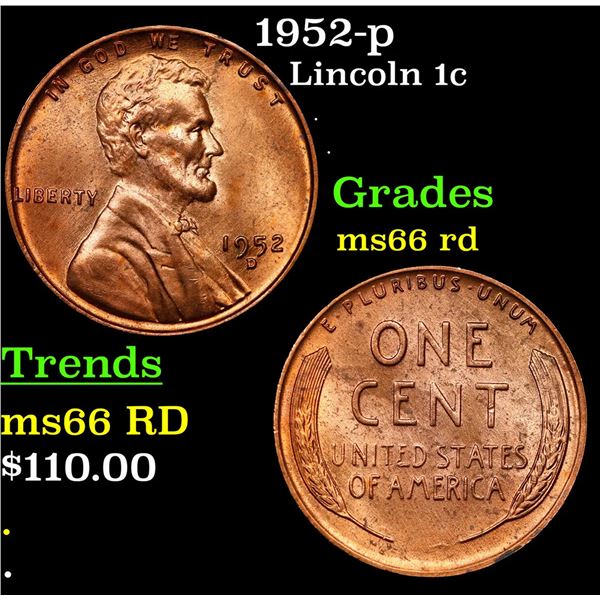 1952-p Lincoln Cent 1c Grades GEM+ Unc RD