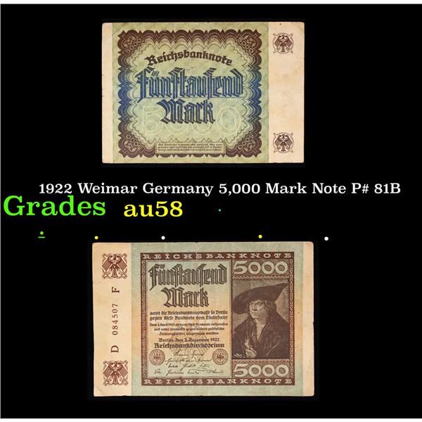 1922 Weimar Germany 5,000 Mark Note P# 81B Grades Choice AU/BU Slider