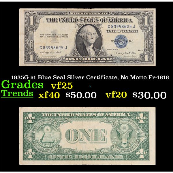 1935G $1 Blue Seal Silver Certificate, No Motto Fr-1616 Grades vf+