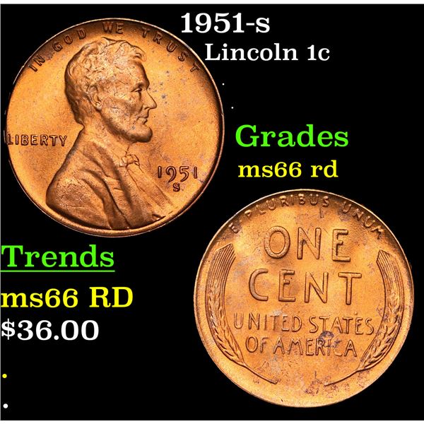1951-s Lincoln Cent 1c Grades GEM+ Unc RD