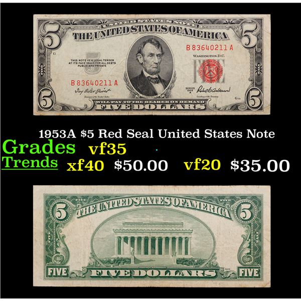 1953A $5 Red Seal United States Note Grades vf++