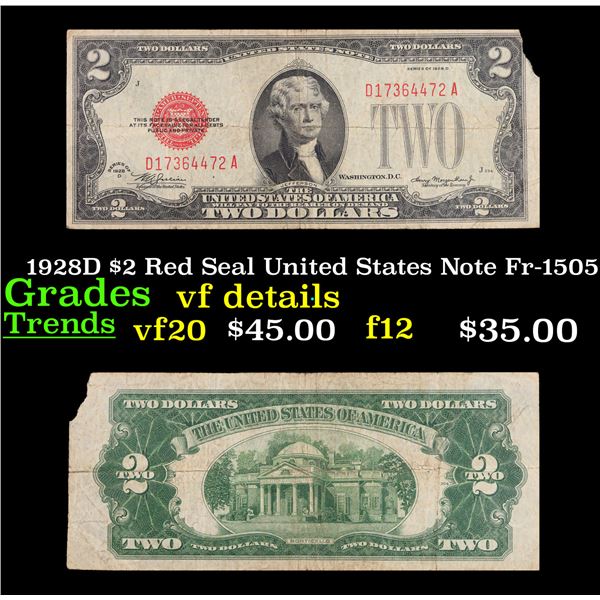 1928D $2 Red Seal United States Note Fr-1505 Grades vf details