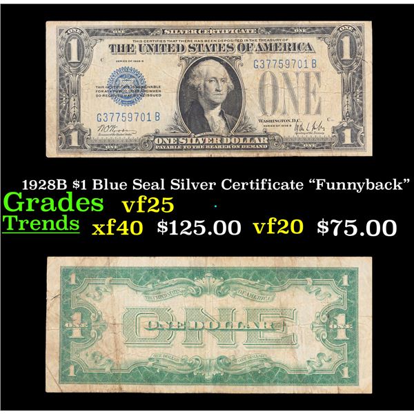 1928B $1 Blue Seal Silver Certificate "Funnyback" Grades vf+