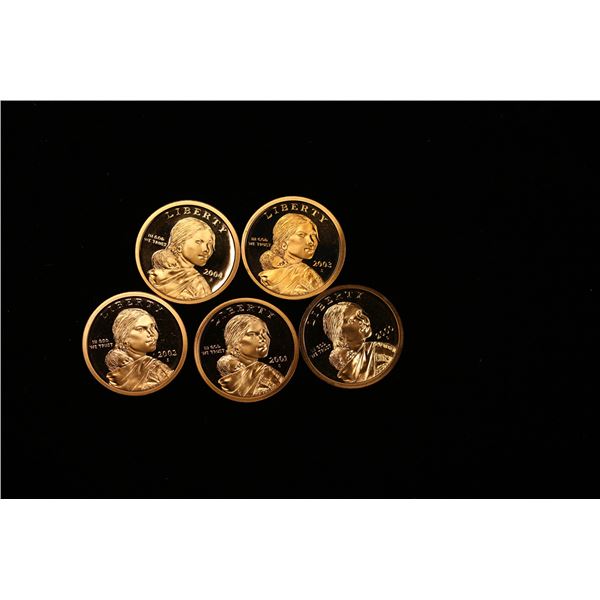Proof Lot of 5x 2000-2004 Sacagawea Dollar Coins, Proof Grades GEM++ Proof Deep Cameo